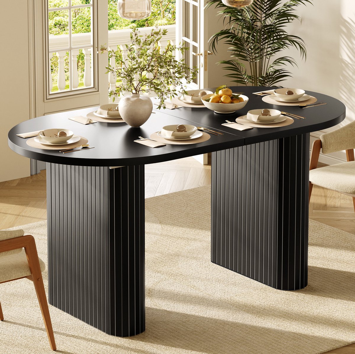 OKWISH Eettafel - Uitschuifbaar 120-160 cm - Ovale Tafel Voor Eetkamer En Bijeenkomsten - MDF En Metaal Zwart - 160x80x75,5 cm