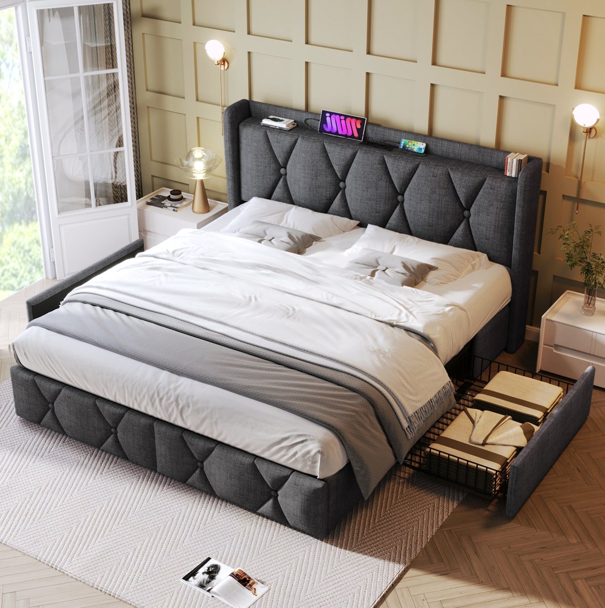 OKWISH Gestoffeerd Bed 160x200 cm - Tweepersoonsbed Met USB Oplaadpunten En Stopcontacten - Met 4 Laden - Zonder Matras - Grijs
