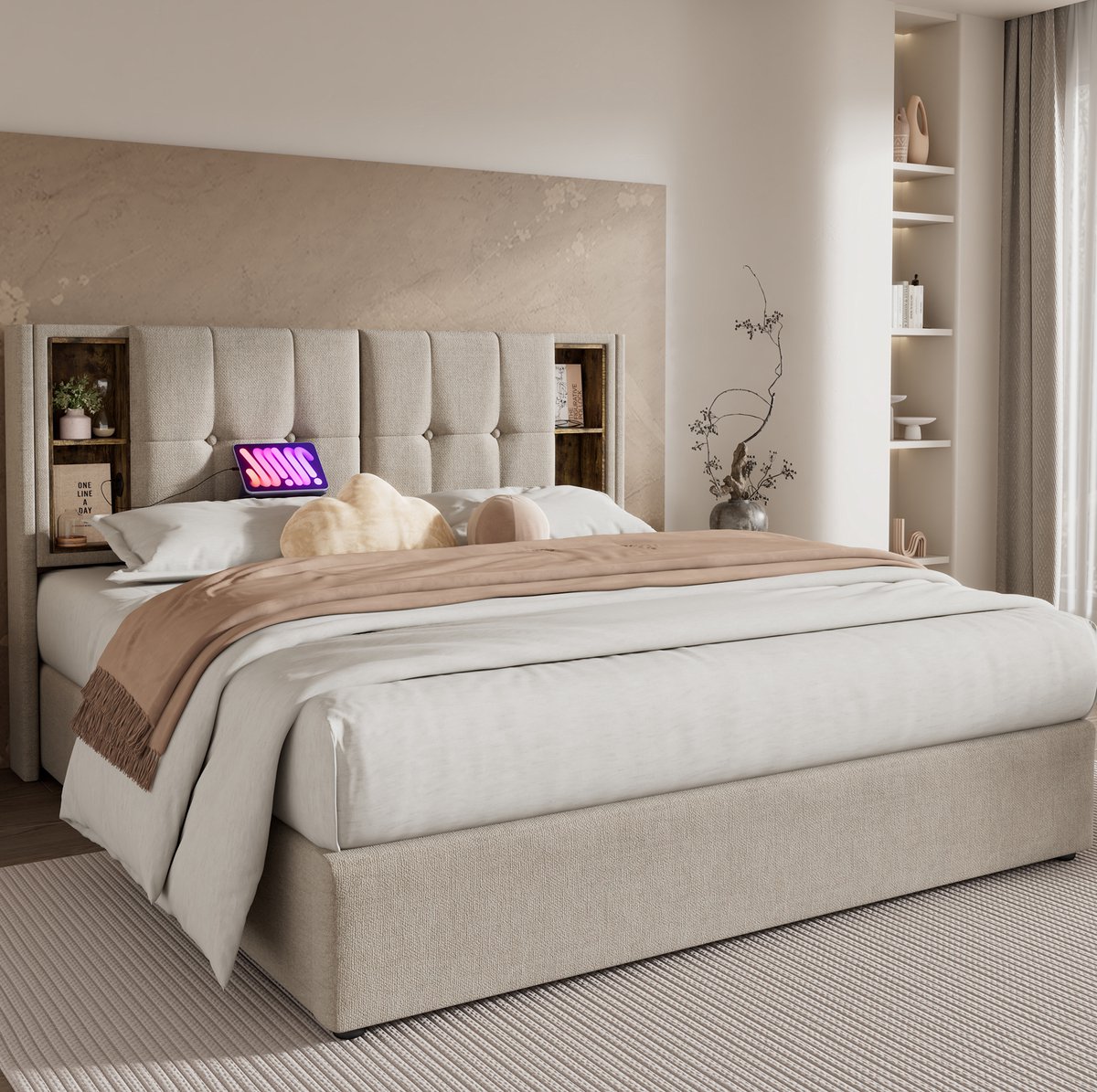 OKWISH Gestoffeerd Bed 180x200 cm - Draadloos Opladen en USB C - Met Opbergruimte en Lattenbodem - Tweepersoonsbed - Stof - Natuurlijk - Zonder Matras
