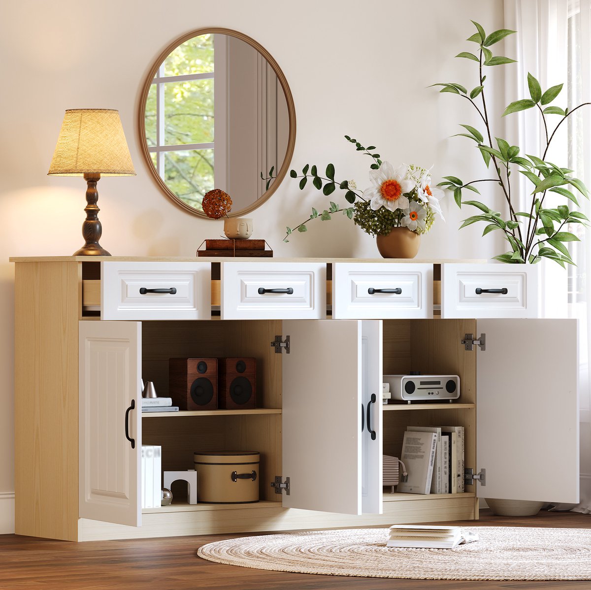 COVREO Dressoir 160 x 35 x 80 cm - 4 lades, 4 deuren, verstelbare planken, wit naturel