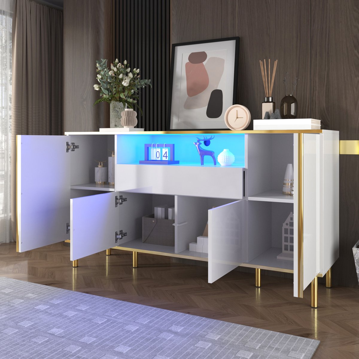 COVREO dressoir 150 x 40 x 80 cm - wit hoogglans met 4 deuren, 1 lade en LED-verlichting