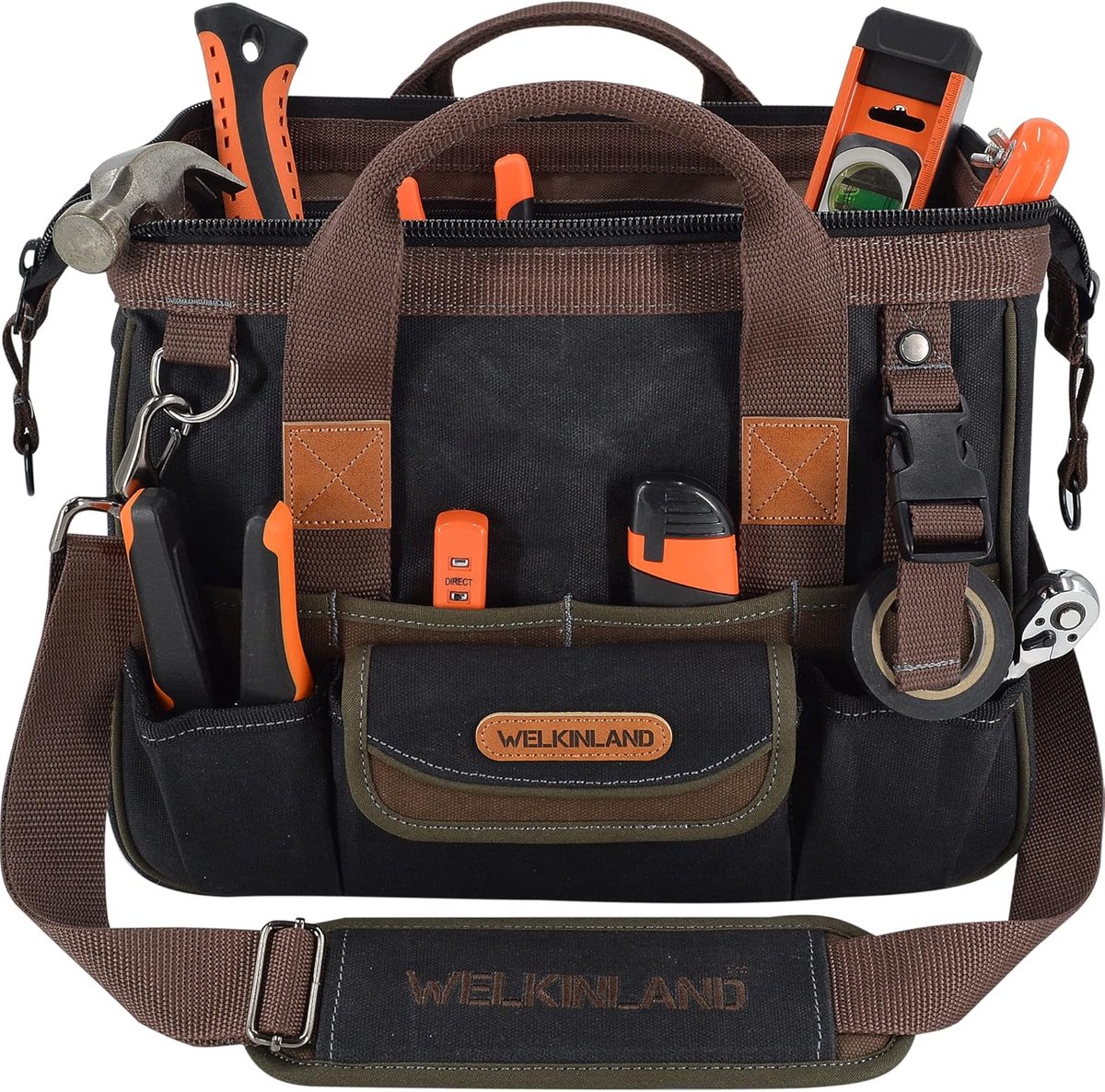 SnelShoppen - 14-Inch Heavy Duty Tool Bag - Canvas, Waxed, Waterproof, Electrician, Lineman, Gereedschapszak, 20 Liter, Duurzaam, Handzaam, Zwart