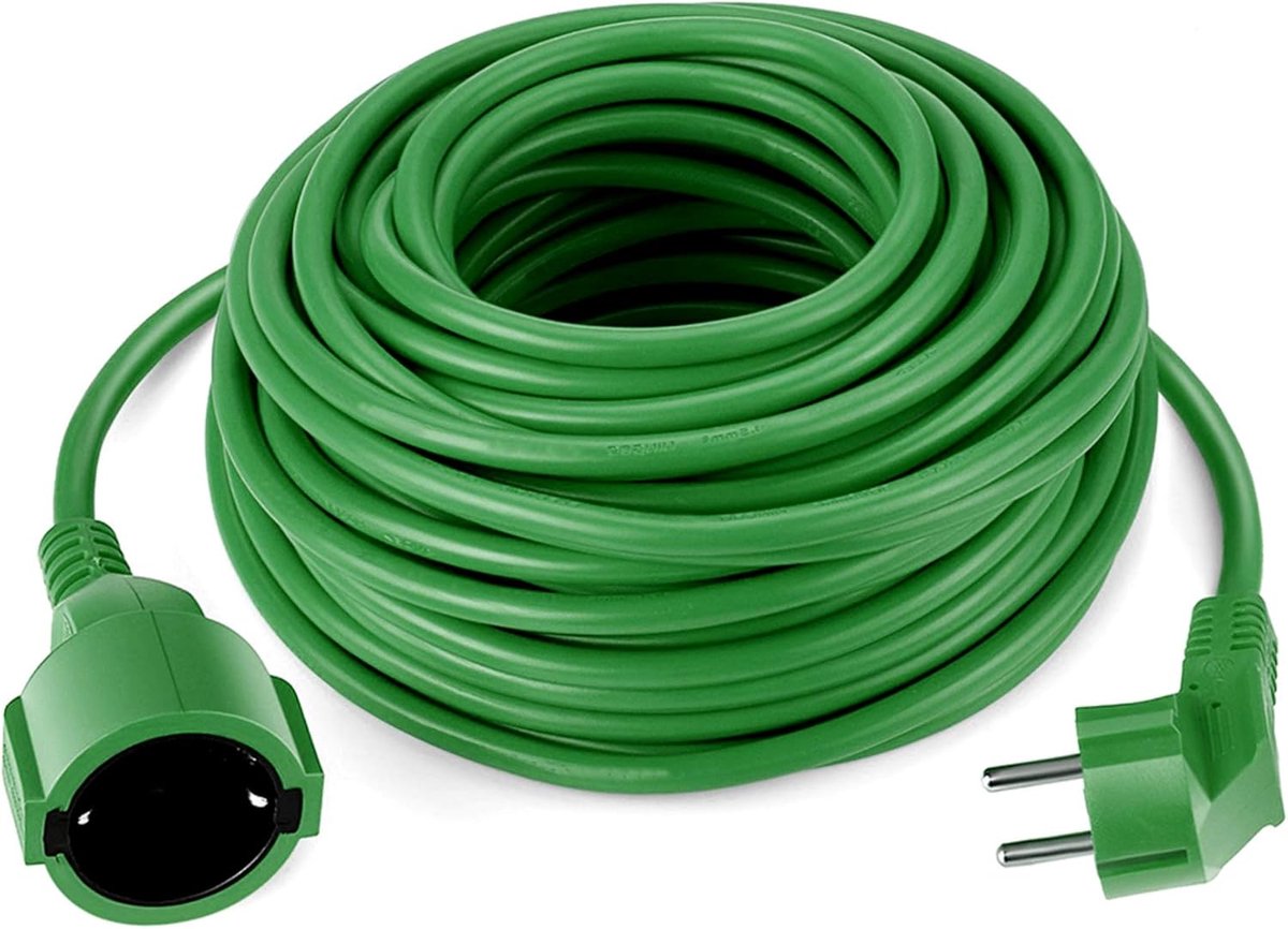 Thijox - Schuko verlengkabel 20 m groen IP44 tot 3500 W voor tuin, outdoor gebruik, flexibel, robuust, ideaal voor feest, camping, en meer