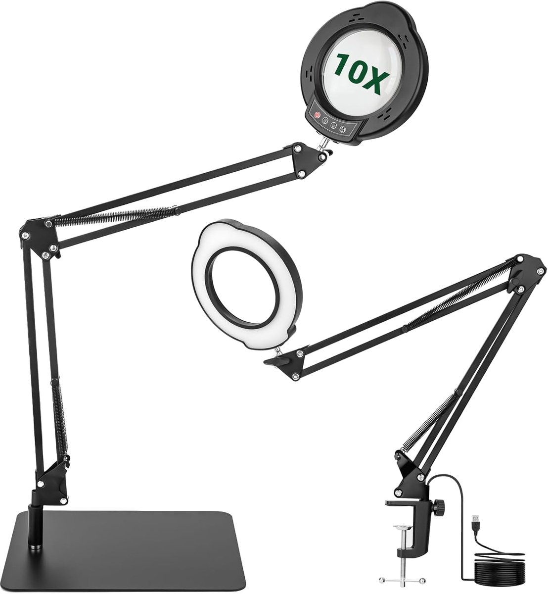 SnelShoppen - Vergrootglas met Licht en Standaard - 10x Led Vergrootlamp met Grote Zwenkarm, 5 Kleurmodi, 10 Traploos Dimbaar, 2-in-1 Tafelloep voor S
