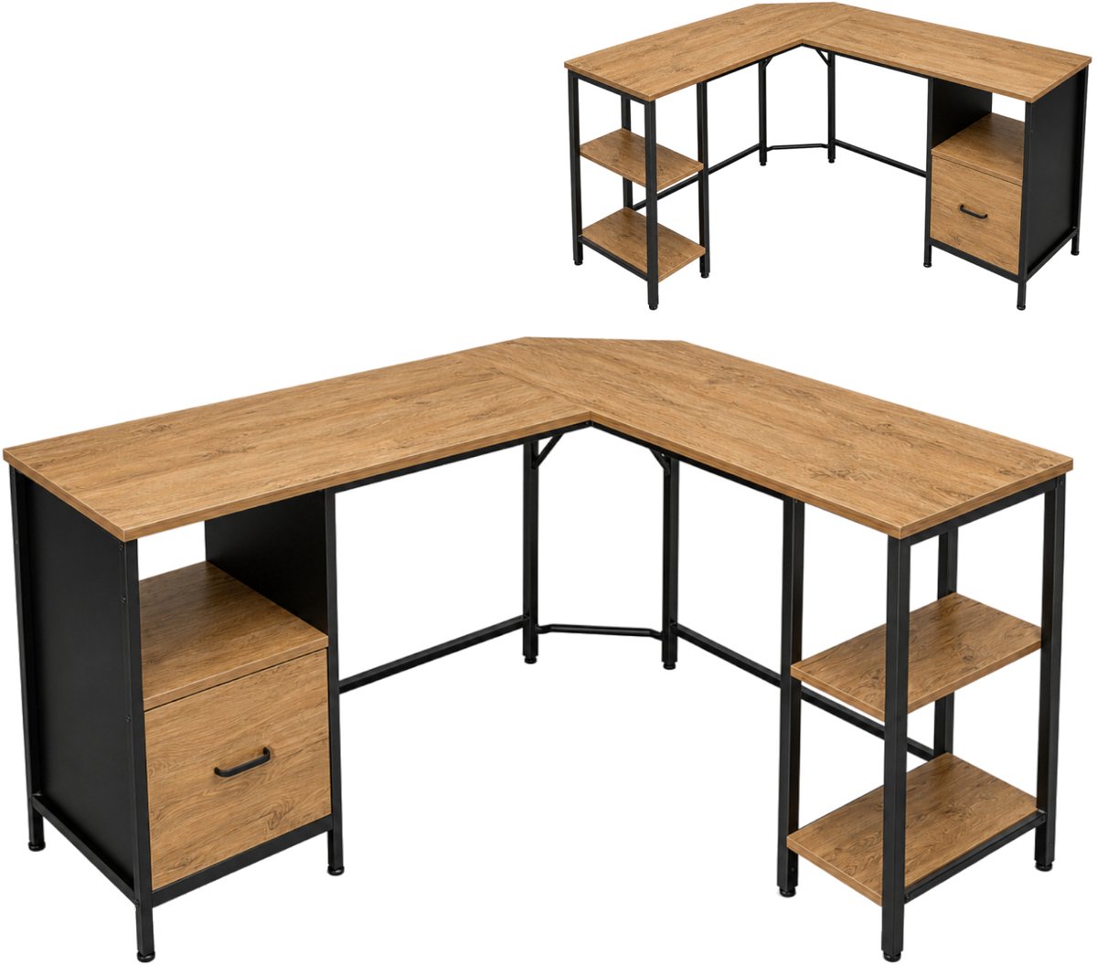 Begryf Loft - Hoekbureau - 149 x 149 x 74,5 cm - elzenkleur/zwart - met lade en opbergschappen