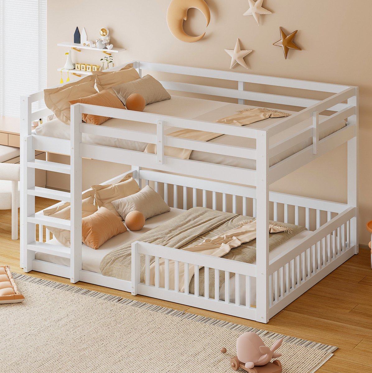 OKWISH Stapelbed 160x200 cm - Met Veiligheidsleuningen en Ladder - Ruimtebesparend Laag Model - Zonder Matras - Hout en MDF - Wit