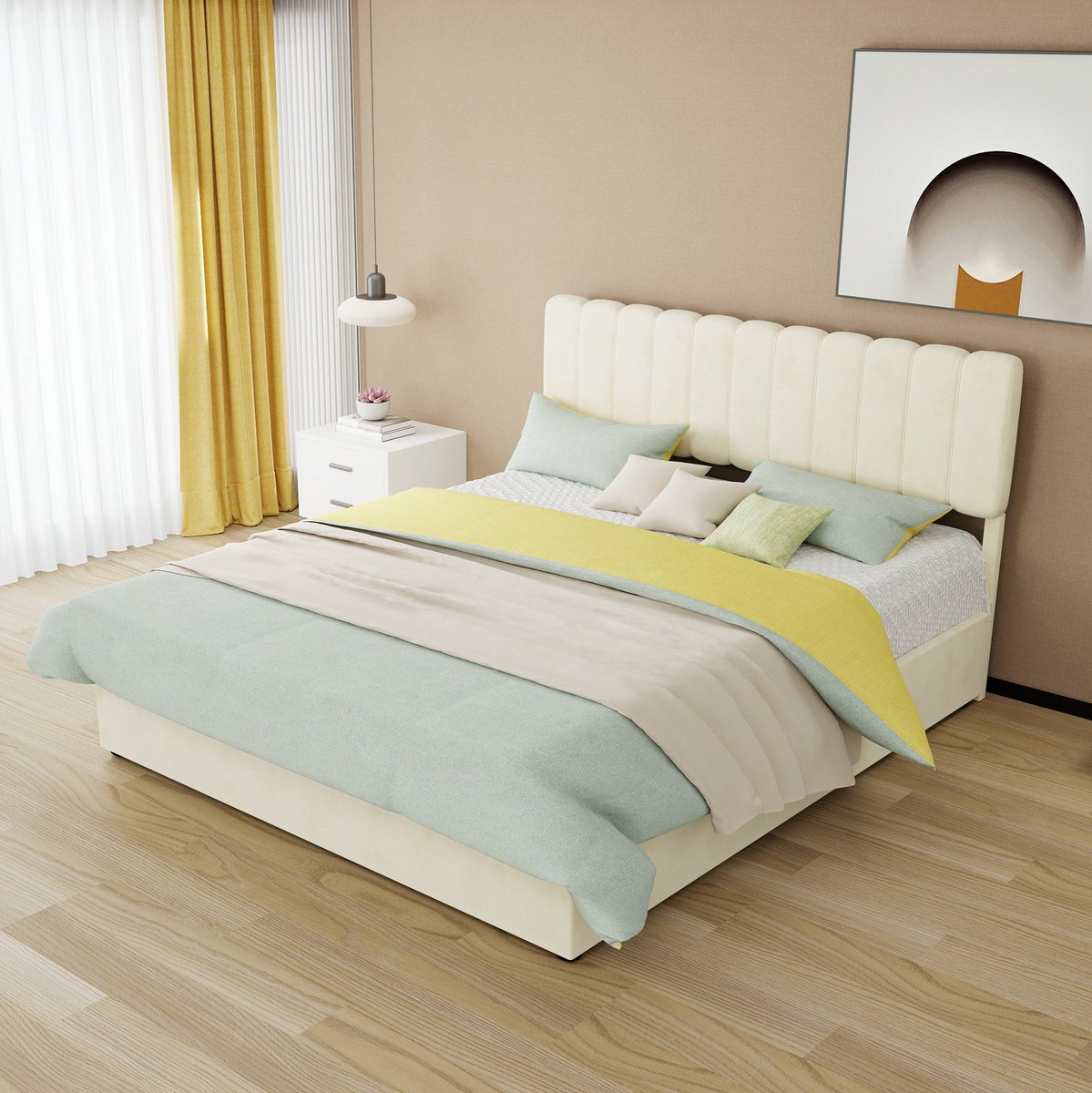 OKWISH Gestoffeerd Bed 160x200 cm - Tweepersoonsbed Met Opbergruimte En Gaslift - Lattenbodem - Zonder Matras - Stof - Beige