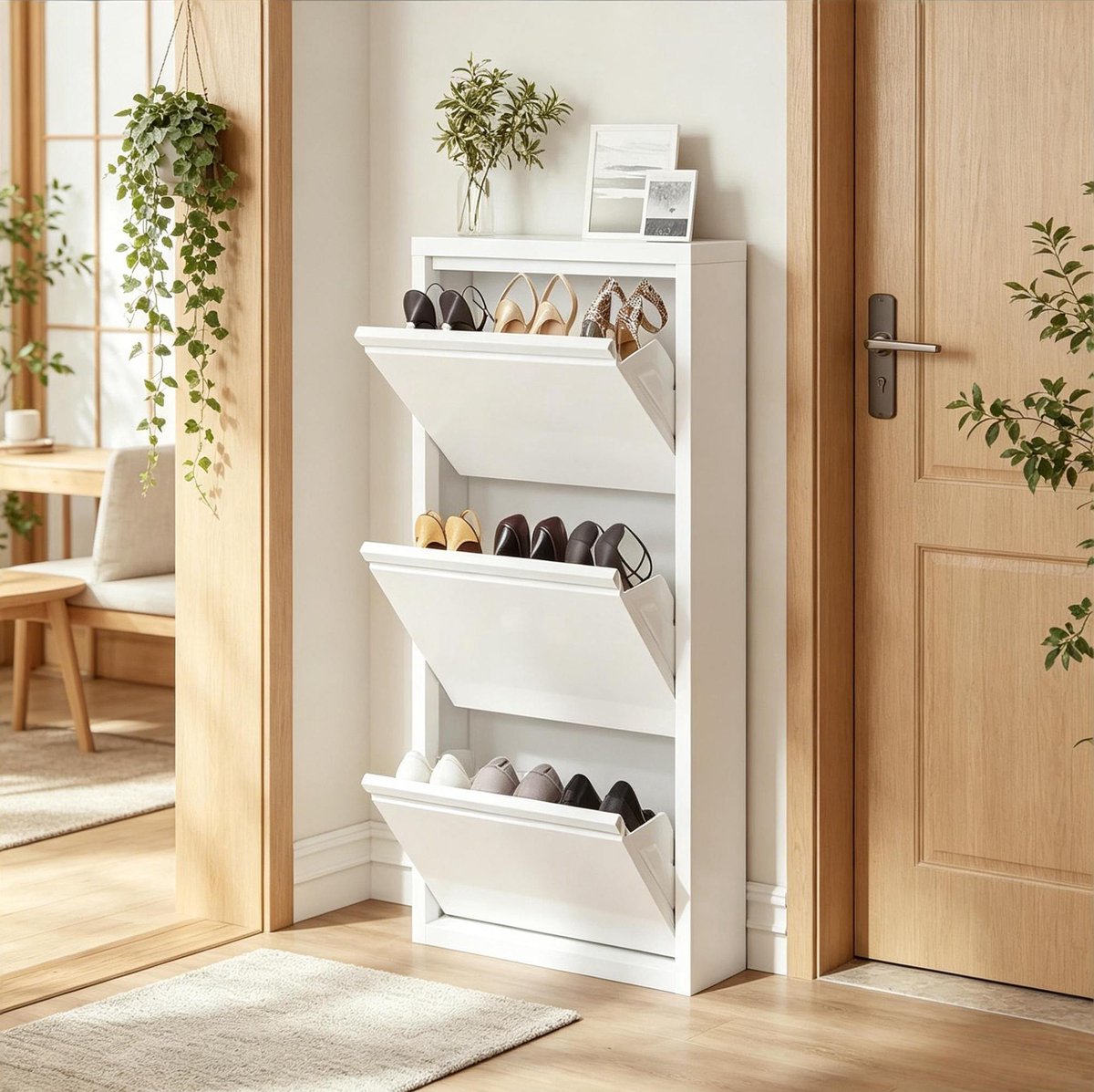 OKWISH Schoenenkast – Smal Staand Rek Met 3 Kleppen – 50 x 15 x 106 cm – Verborgen Opbergruimte Voor Hal En Appartement – Metaal Wit