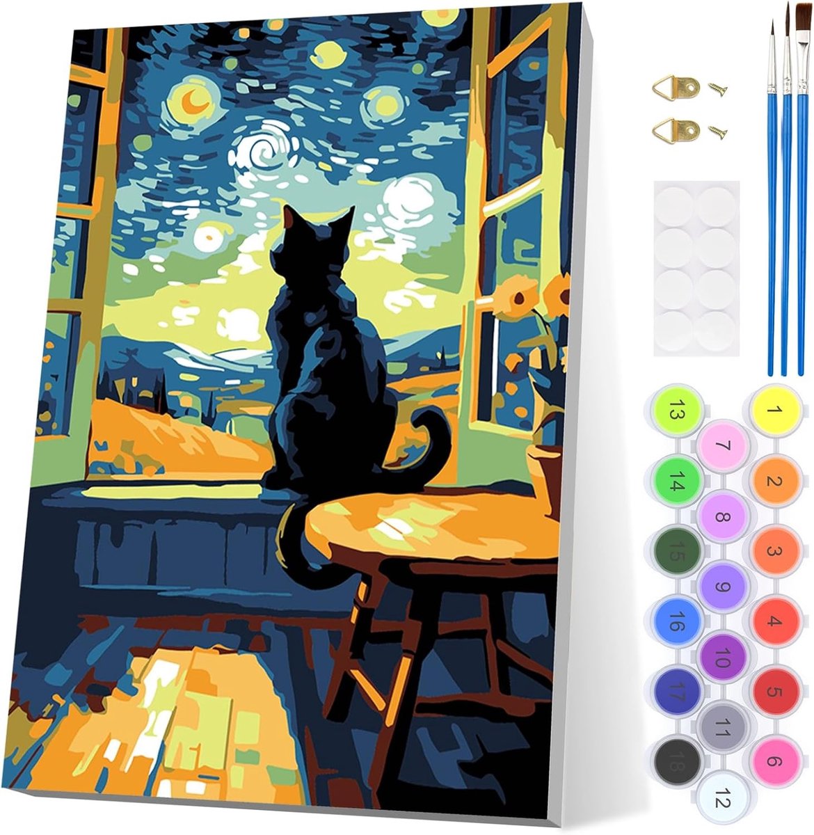 Kat met sterren schilderen op nummer voor volwassenen - Schilderen op nummer kits met frame voor beginners en hobbyisten