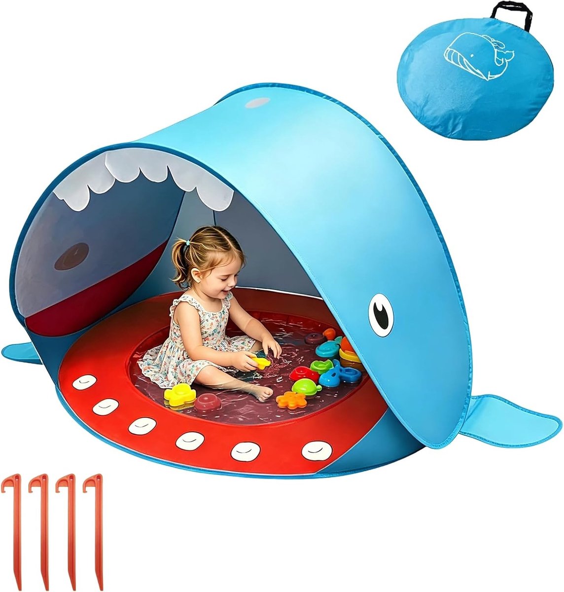 Pop-up strandtent met geïntegreerd zwembad in walvisblauw, ideaal voor baby's en peuters, met UPF 50+ UV-bescherming en eenvoudig op te zetten