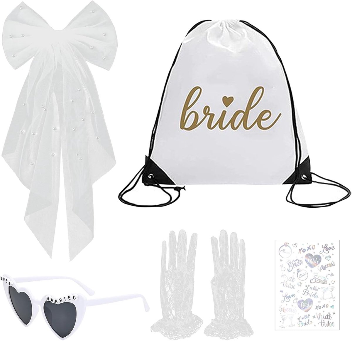 Vijfdelige set voor vrijgezellenfeest met drawstring tas, kanten handschoenen, witte sluier, hartvormige zonnebril en vintage tattoo stickers