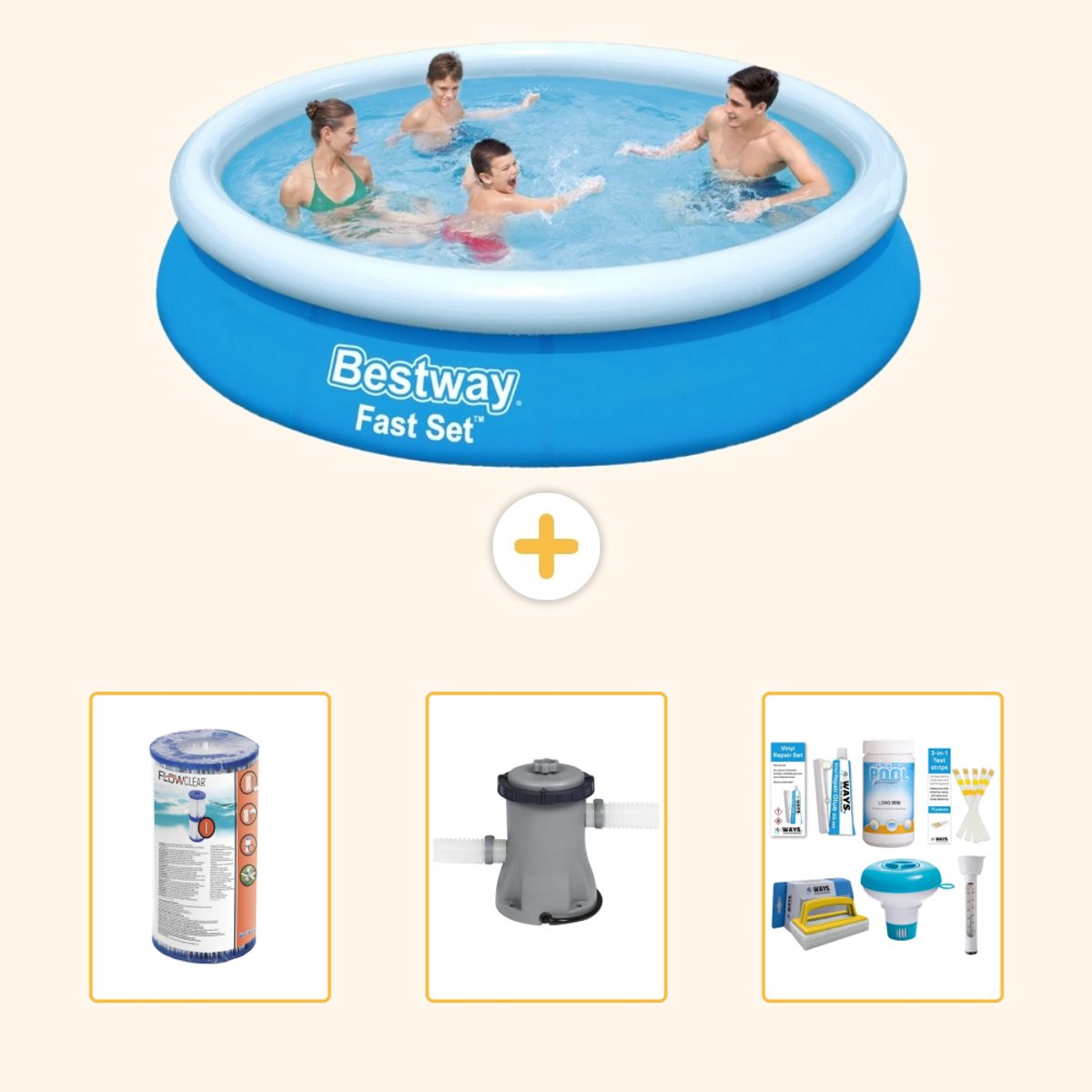 Bestway Rond Opblaasbaar Fast Set Zwembad - 366 x 76 cm - Blauw - Inclusief Filter - Zwembadfilterpomp - Onderhoudspakket - 4-delig