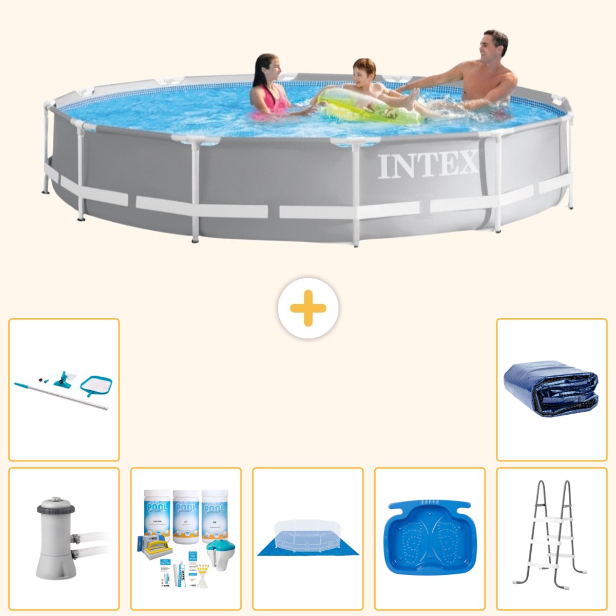 Intex Rond Prism Frame Zwembad - 366 x 76 cm - Grijs - Inclusief Pomp - Onderhoudspakket - Grondzeil - Voetenbad - Ladder - Schoonmaakset - Solarzeil - 8-delig