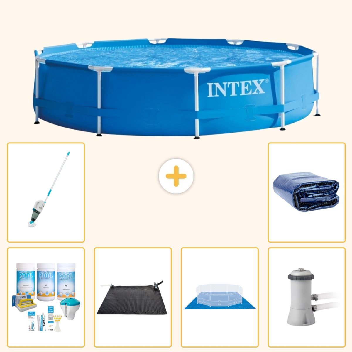 Intex Rond Frame Zwembad - 366 x 76 cm - Blauw - Inclusief Onderhoudspakket - Solar Mat - Grondzeil - Zwembadfilterpomp - Stofzuiger - Solarzeil - 7-delig