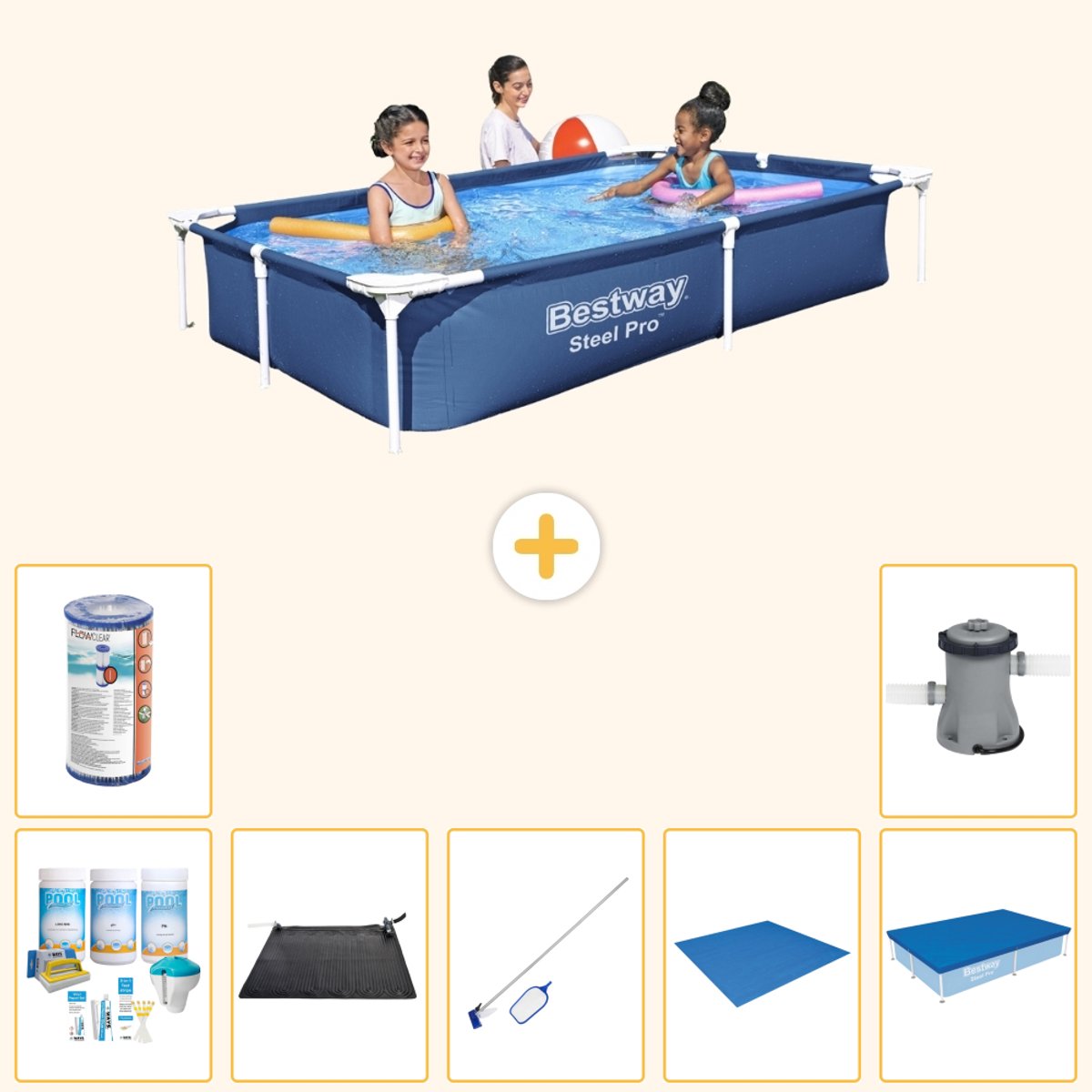 Bestway Rechthoekig Steel Pro Zwembad - 221 x 150 x 43 cm - Blauw - Inclusief Onderhoudspakket - Solar Mat - Schoonmaakset - Grondzeil - Filter - Afdekzeil - Zwembadfilterpomp - 8-delig