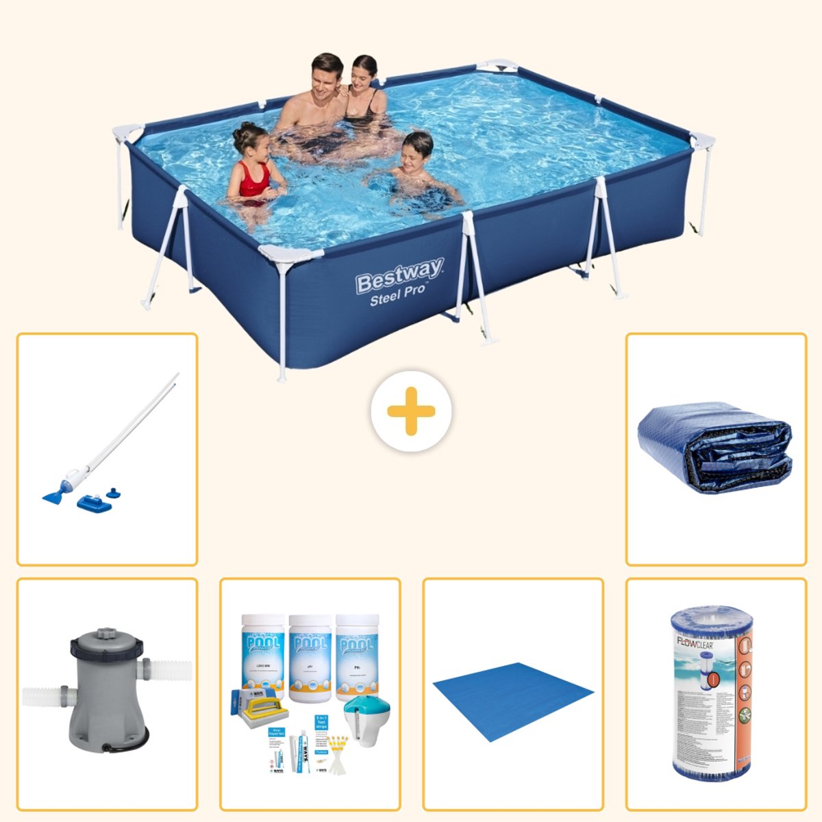 Bestway Rechthoekig Steel Pro Zwembad - 300 x 201 x 66 cm - Blauw - Inclusief Pomp - Onderhoudspakket - Grondzeil - Filter - Stofzuiger - Solarzeil - 7-delig