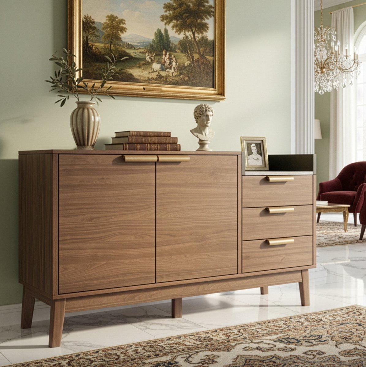 COVREO Dressoir 120 x 40 x 77 cm - 3 lades, dubbele deur, open vak, donker eiken Dark Oak