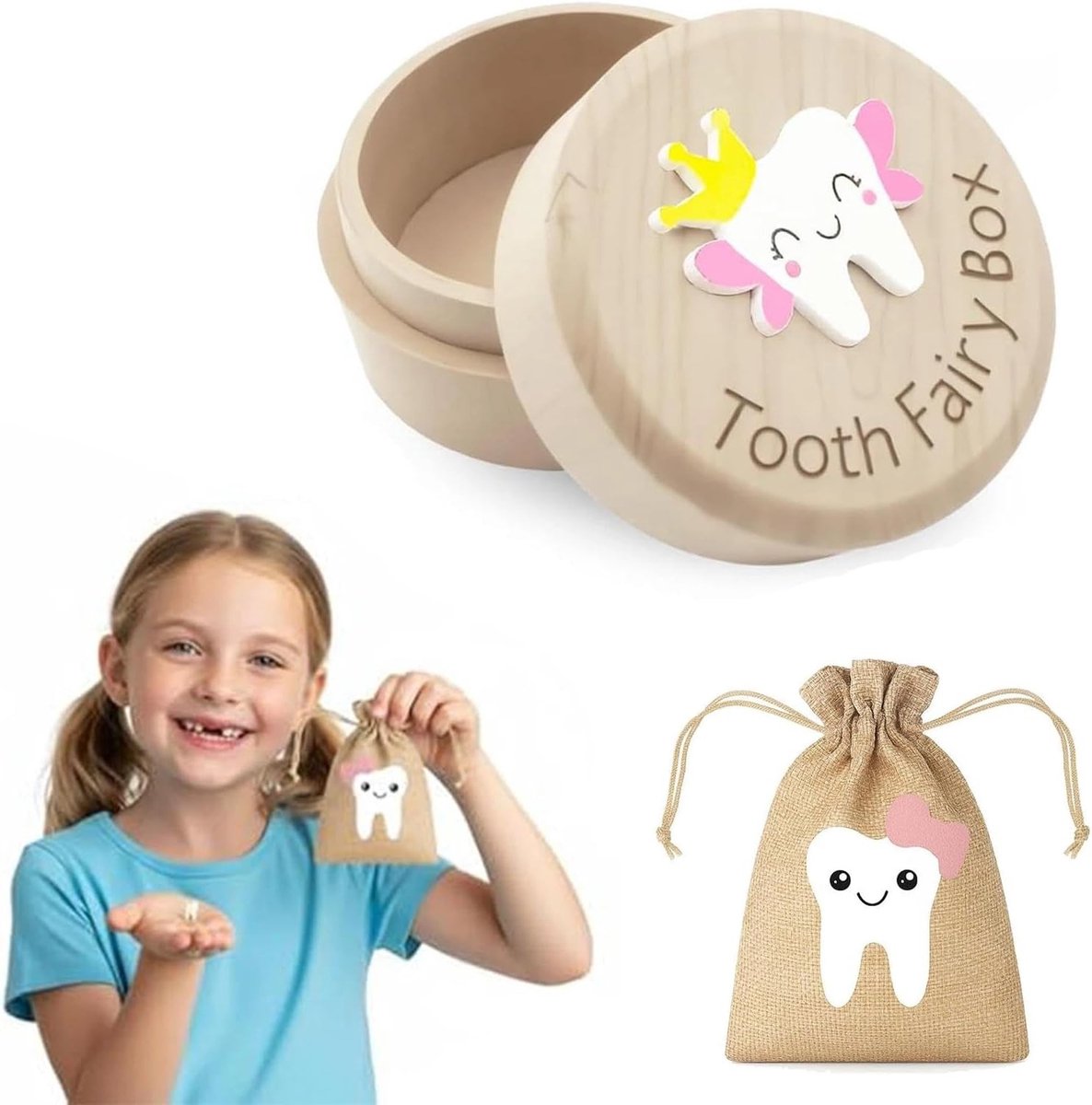 Houten Tandenfeeëndoos met 3D Snijden, Decoratieve Tandenhouder en Zakset voor Kinderen, Perfect Aandenken en Cadeau voor Meisjes
