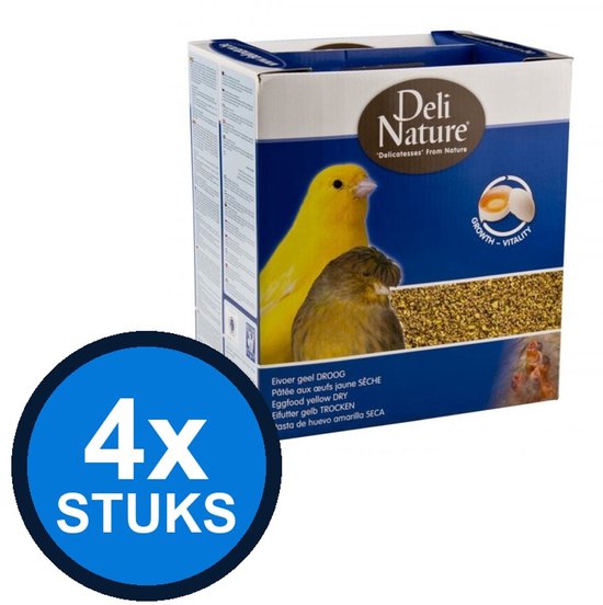 Deli Nature eivoer geel droog 1kg, verpakking met 4 stuks, met afbeelding van gele en bruine kanarie.