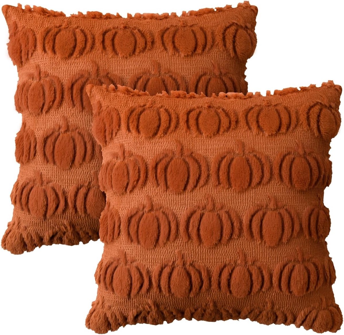 SnelShoppen - Set van 2 Luxe Pluche Faux Fur Herfst Kussenslopen 45x45cm Caramel Pompoenen, Decoratieve Kussencovers voor Sofa en Woonkamer