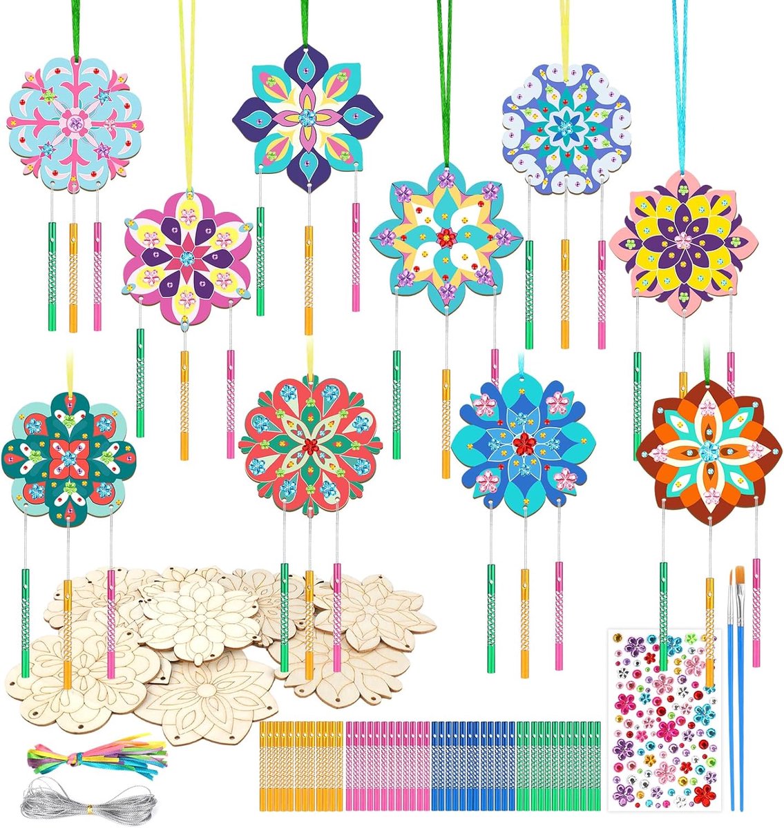 SnelShoppen - Houten Windgong voor Kinderen - DIY Mandala Creatief Speelgoed - 10 Setjes, 30 Tubes, 2 Penseeltjes, Versieringen voor Feestjes en Decor