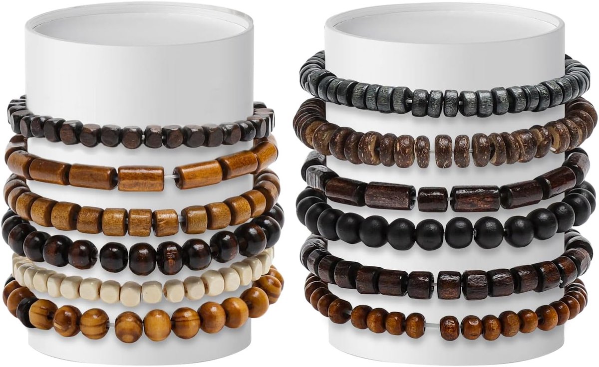 Thijox - 12 Stuks Heren Parelarmbanden Set, Retro Meerlaags Houten Armbanden, Elastische Houten Kralen, Natuurlijke Hout, Perfect Cadeau voor Mannen