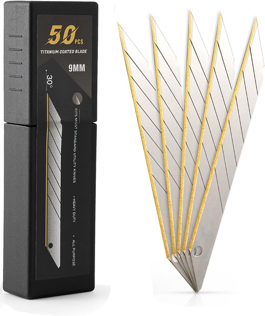 SnelShoppen - 50 Stuks Titanium Snijbladen 9mm Vervangende Messen voor Snijmes, Knutselmes, Precisie Snijgereedschap, Duurzaam en Scherp, Ideaal voor