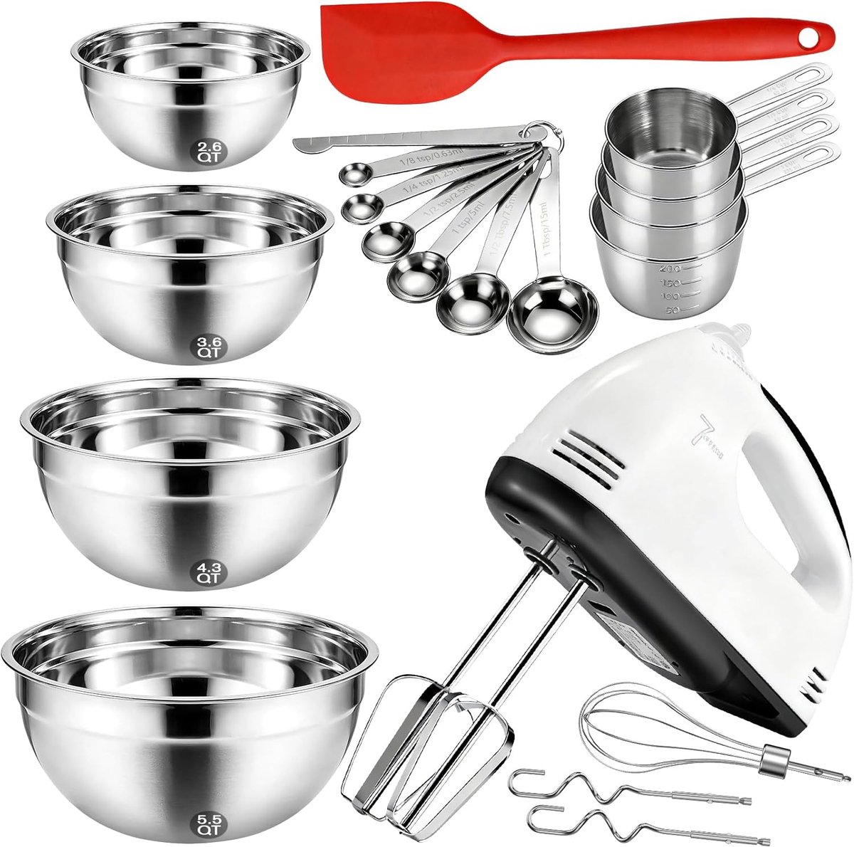 Thijox Elektrische Handmixer 7 Snelheden met Turbo-Boost Roestvrijstalen Garde 4 Grote Mengkommen Maatbekers en Lepels voor Keuken en Bakken