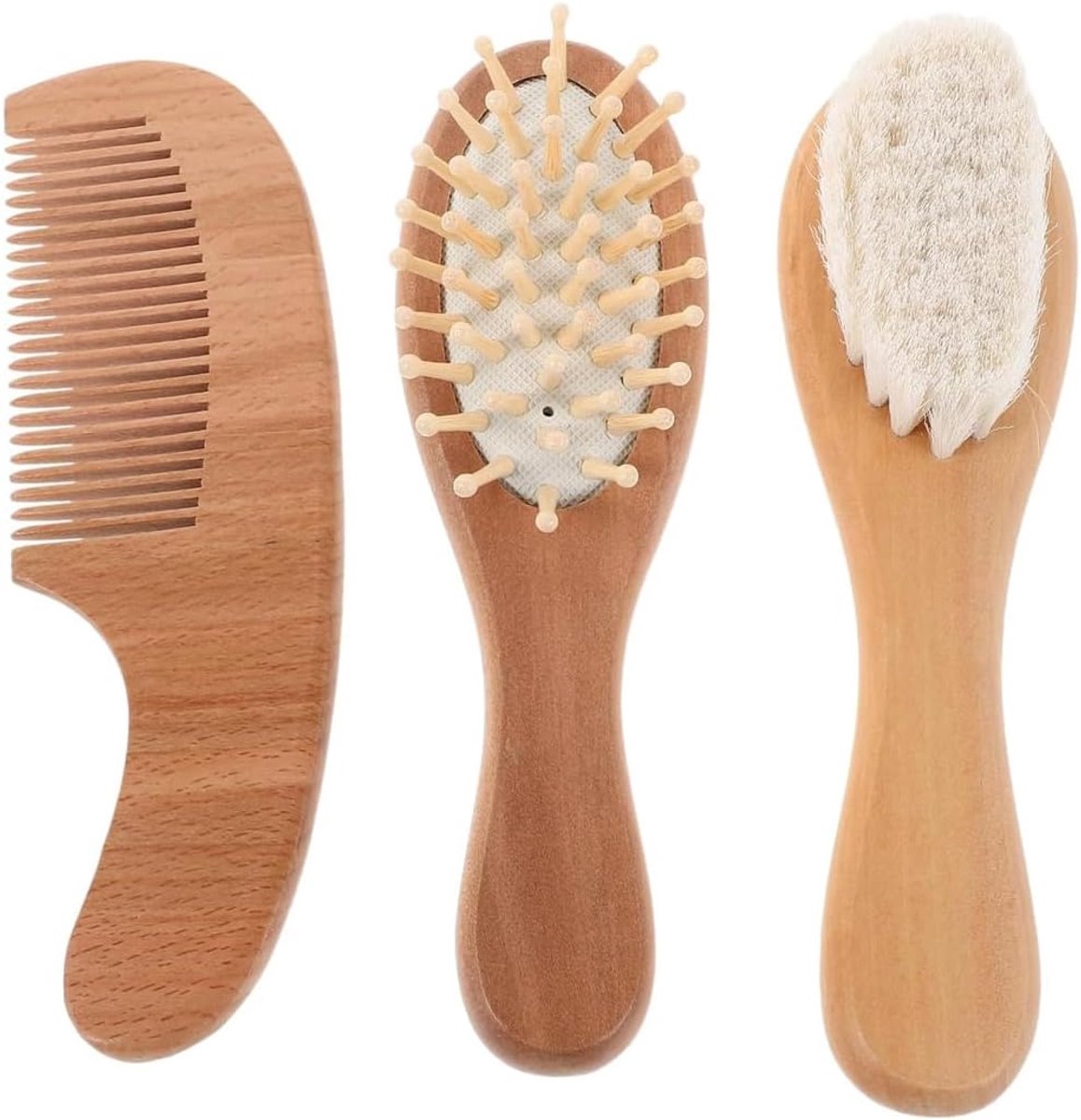 SnelShoppen - Babykamset 3 Stuks - Natuurlijke Houten Babyborstels - Geitenharen Shampoo-Massageborstel - Ergonomisch en Zacht - Perfect voor Baby's e