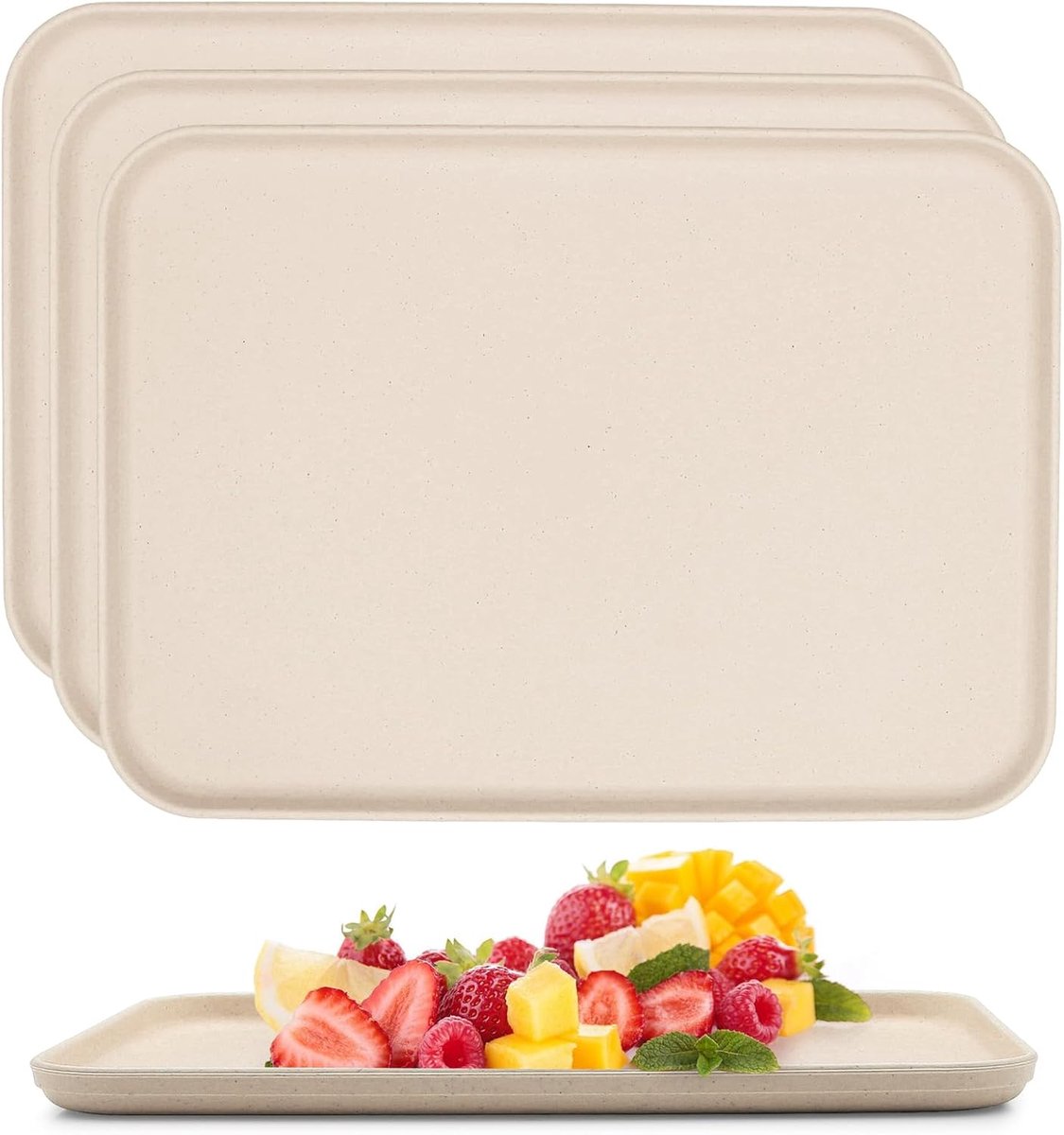 Thijox - Set van 4 Rechthoekige Kunststof Dienbladen voor Keuken, Lichtgewicht en Duurzaam, Perfect voor Dranken, Snacks, Thee, Koffie, Ontbijt - Beig