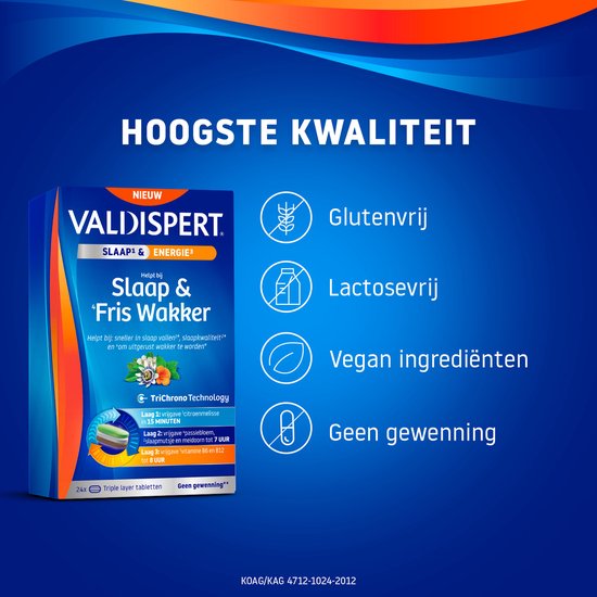 Verpakking van Valdispert Slaap & Fris wakker. Iconen met tekst: glutenvrij, lactosevrij, vegan ingrediënten, geen gewenning. Tekst: Hoogste kwaliteit.