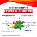 Ingrediënten goed voor ontspanning & concentratie: valeriaanwortelextract, ginseng, zink, citroenmelisse extract, folaat (vitamine b11) en vitamine b6.