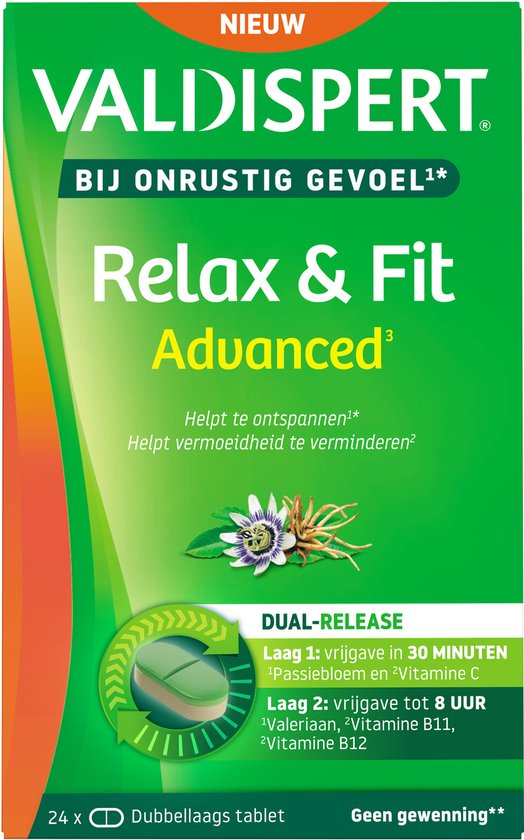 Verpakking Valdispert Relax & Fit Advanced met 24 dubbellaagse tabletten. Helpt ontspannen en vermindert vermoeidheid.