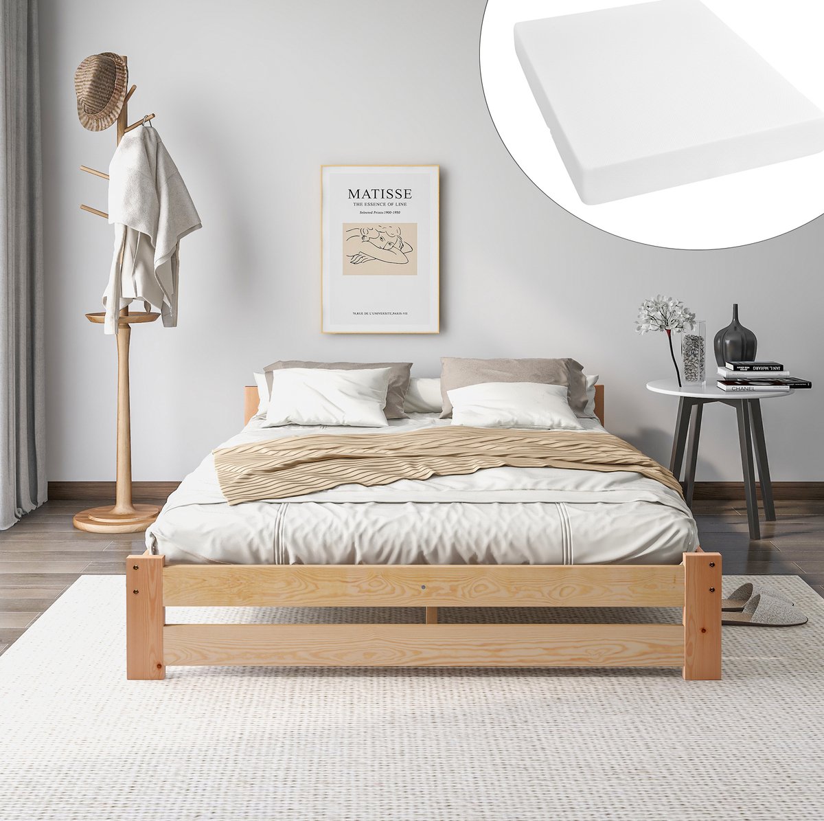 OKWISH Massief Houten Bed 140x200 cm - Met Hoofdbord En Lattenbodem - Tweepersoonsbed - Met Matras - Volwassenen - Naturel