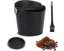 Geluidsarme afklopcontainer voor zeefhouders met afneembare klopstang, koffiestamper en borstel, ideaal voor barista-accessoires in keuken en café