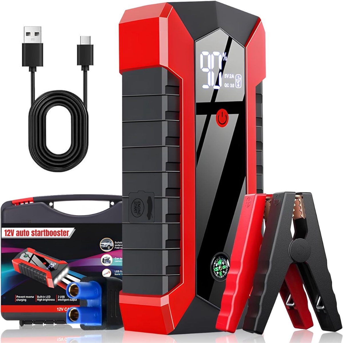 KIRA® Jumpstarter Voor Auto - 4000A Pieken 12V Auto Accu Starter - Auto Startkabel - Zwart/Rood - 10cm x 18cm x 5cm