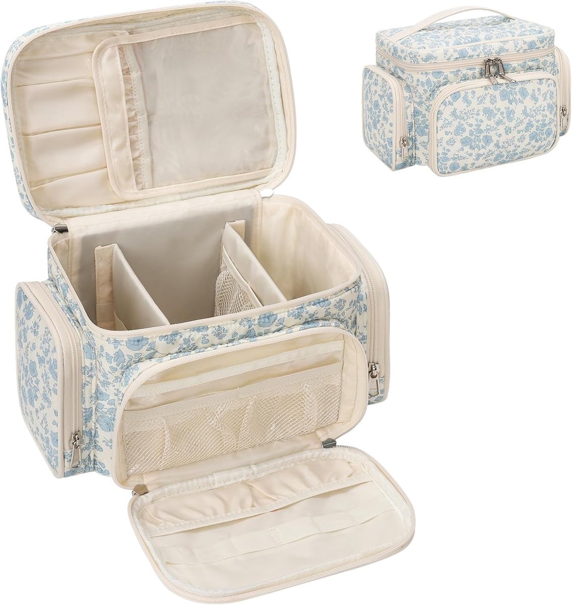 SnelShoppen - Grote Cosmetica Tas, Reizen Make-up Tas voor Vrouwen met Kwast Houder, Draagbare Make-up Organizer (Blauw, Bloem)