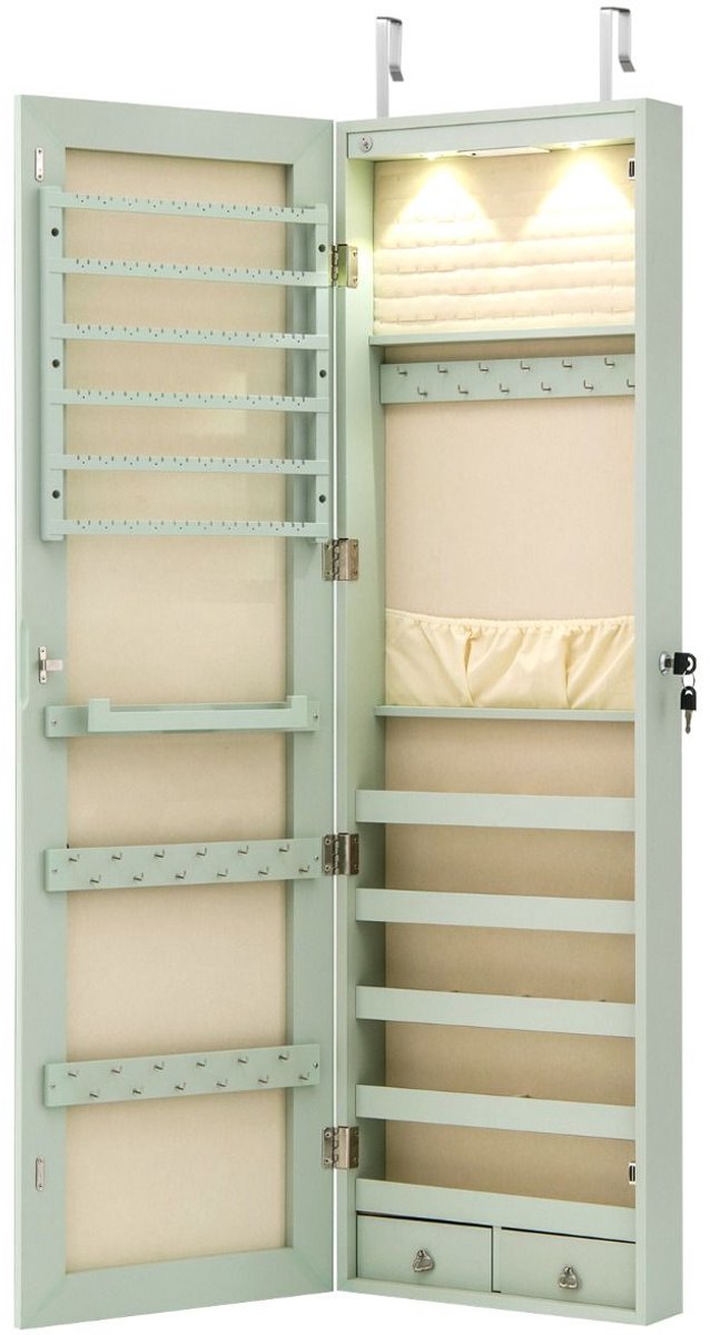 SureDeal® - Sieradenkast - LED verlichting Sieradenrek - Spiegel Afsluitbare Spiegelkast -