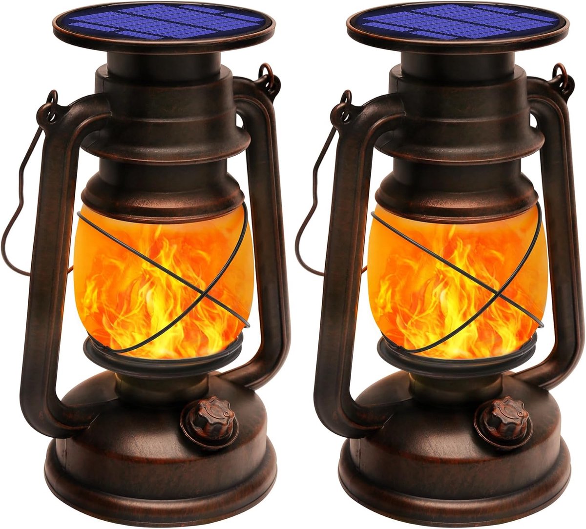 Thijox - Solar Lantaarn Buiten 2 Stuks, Vintage LED Tuinlantaarns met Vlameffect, Waterdicht IP44, Warme Sfeerverlichting voor Tuin, Balkon, Terras, V