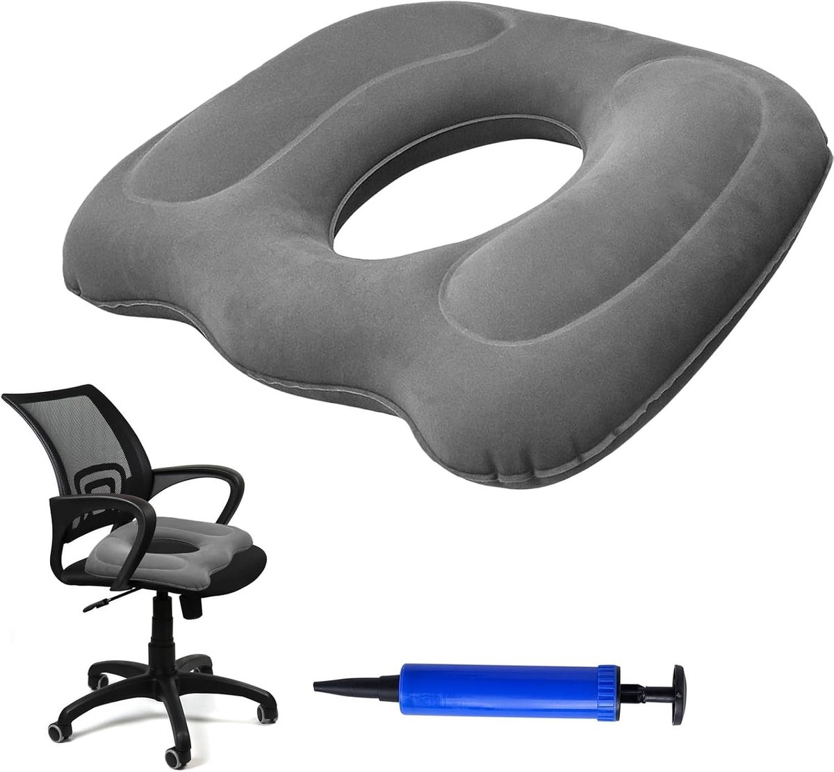 Ergonomisch Zittend Kussen, Opblaasbaar Donut Kussen met Pomp, Comfortabel Kussen voor Langdurig Zitten, Zacht en Grijs, Ideaal voor Kantoor en Auto