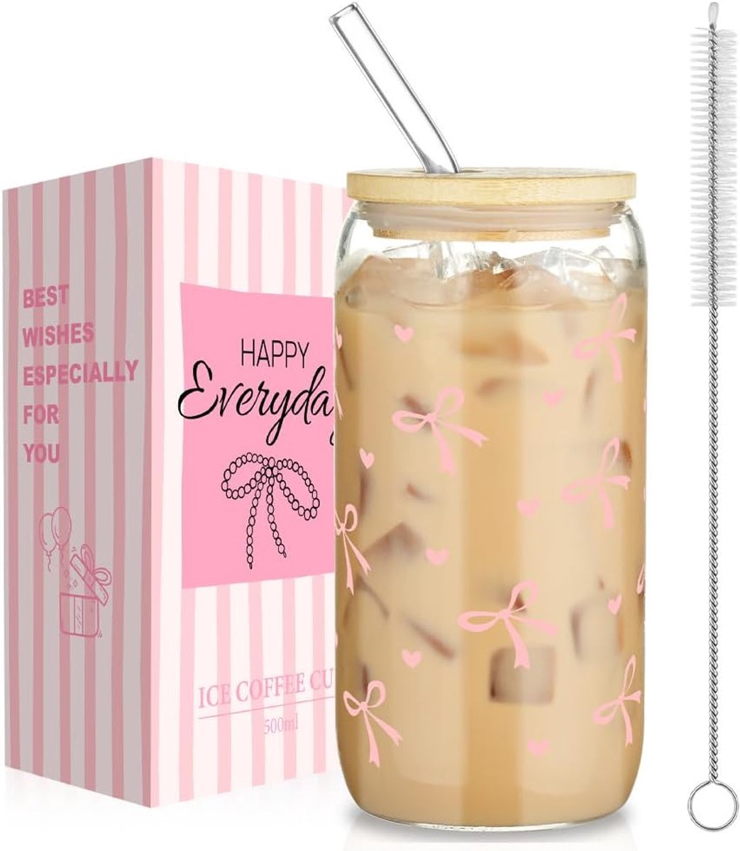 SnelShoppen - Bow Iced Coffee Glazen, 500ml Canned Glazen met Luchtdichte Bamboe Deksel, Glazen Rietjes en Schoonmaakborstel, Perfect voor Feest, Keuk