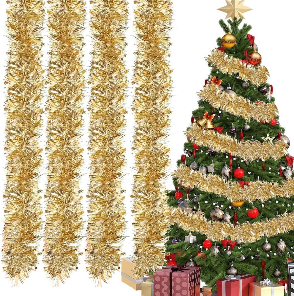 Kerstdecoratie Lametta Slingers voor Boom en Haard, 3 m, 9 cm Diameter, Gouden Set van 4 voor Trap en Interieur