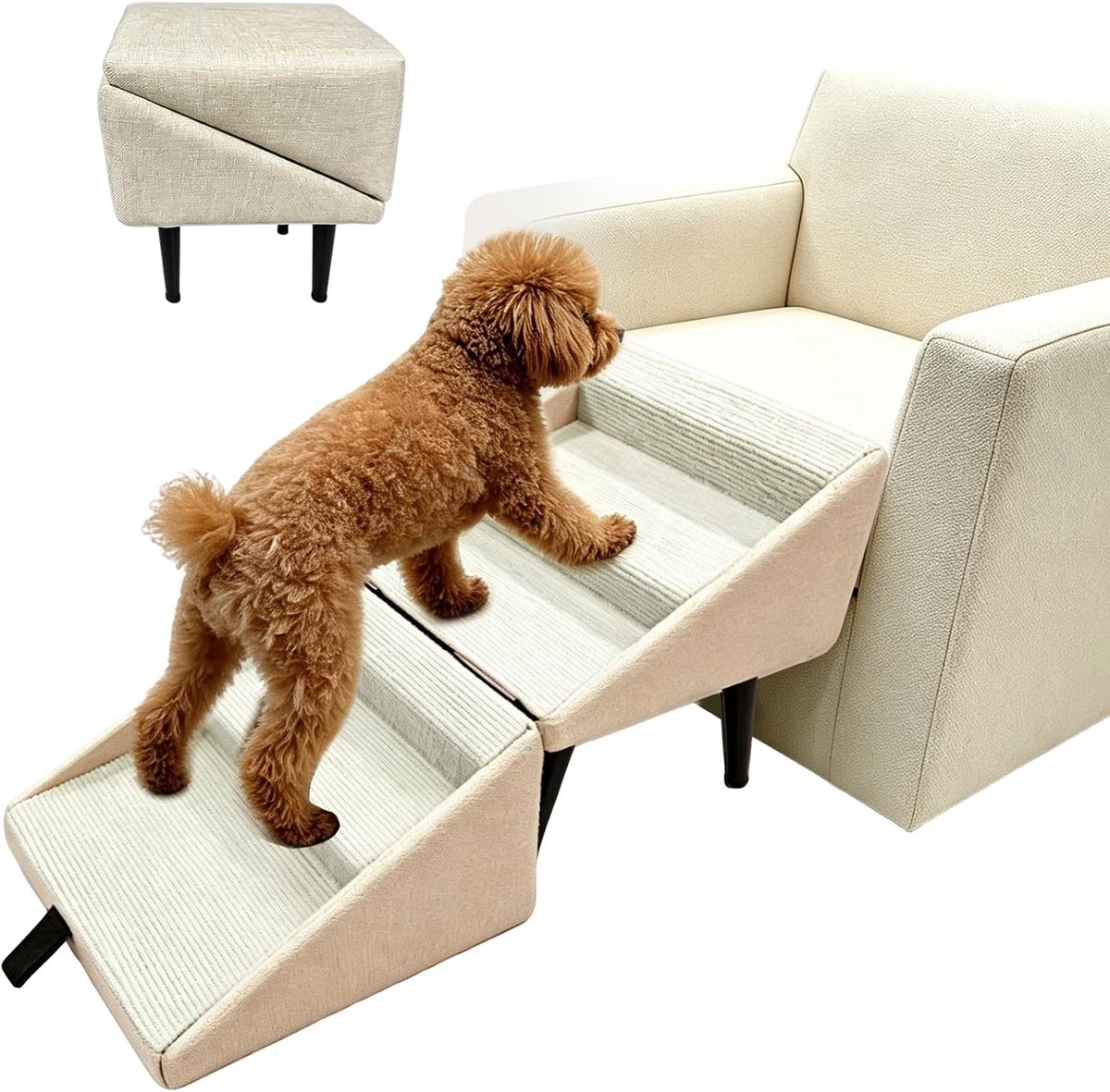 Thijox - Hondentrap voor Kleine Honden, 2-in-1 Inklapbare Trapladder en Poef, Antislip Houten Trap voor Puppy’s, Oudere en Gewonde Honden, Ideaal voor