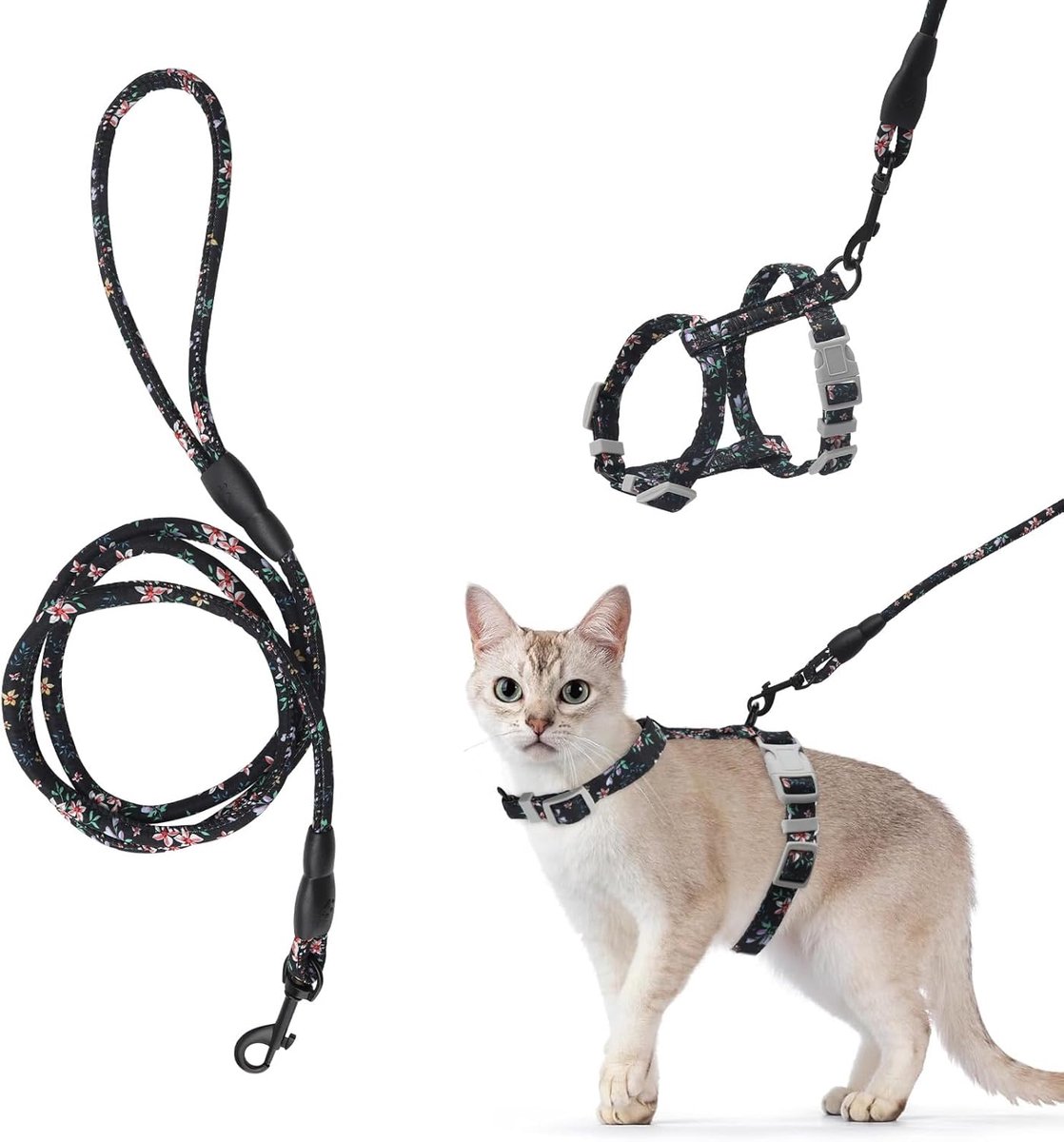 SnelShoppen - Cat Harness met Leash - Verstelbare Kat Veiligheidsharnas met Anti-Escape Buckle - Zachte Katoenen Kattenharnas in Zwart voor Dagelijks
