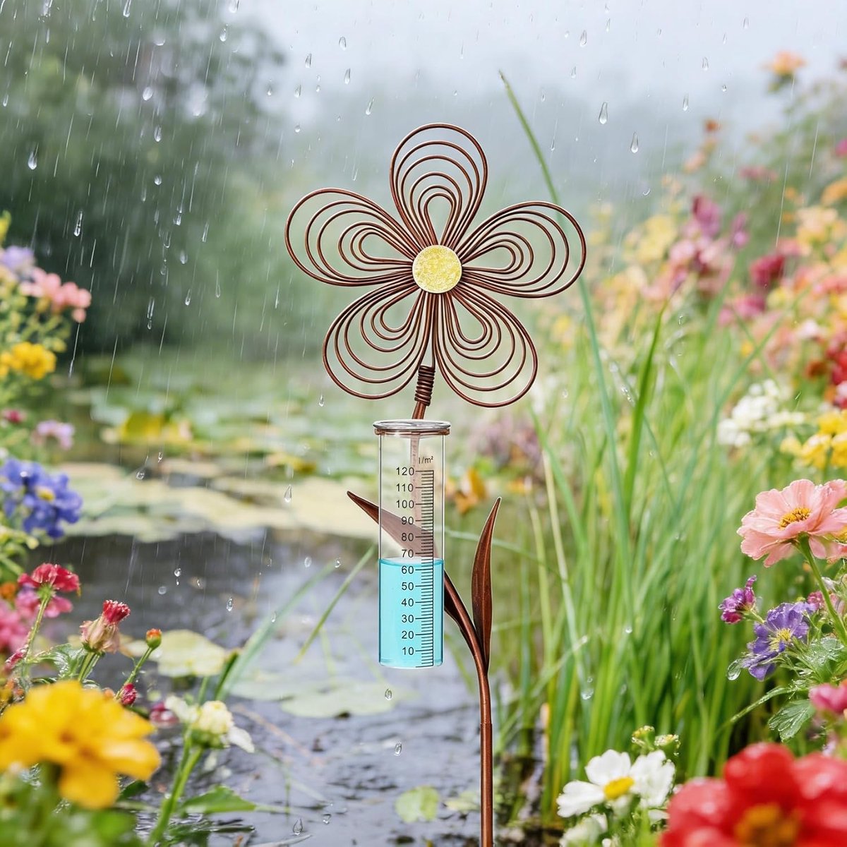 Thijox - Regenmeter voor Tuin 110 cm, Vorstbestendige Neerslagmeter in Roestlook met Grondpen, Tuindecoratie voor Meten van Regenhoeveelheid, Winterbe