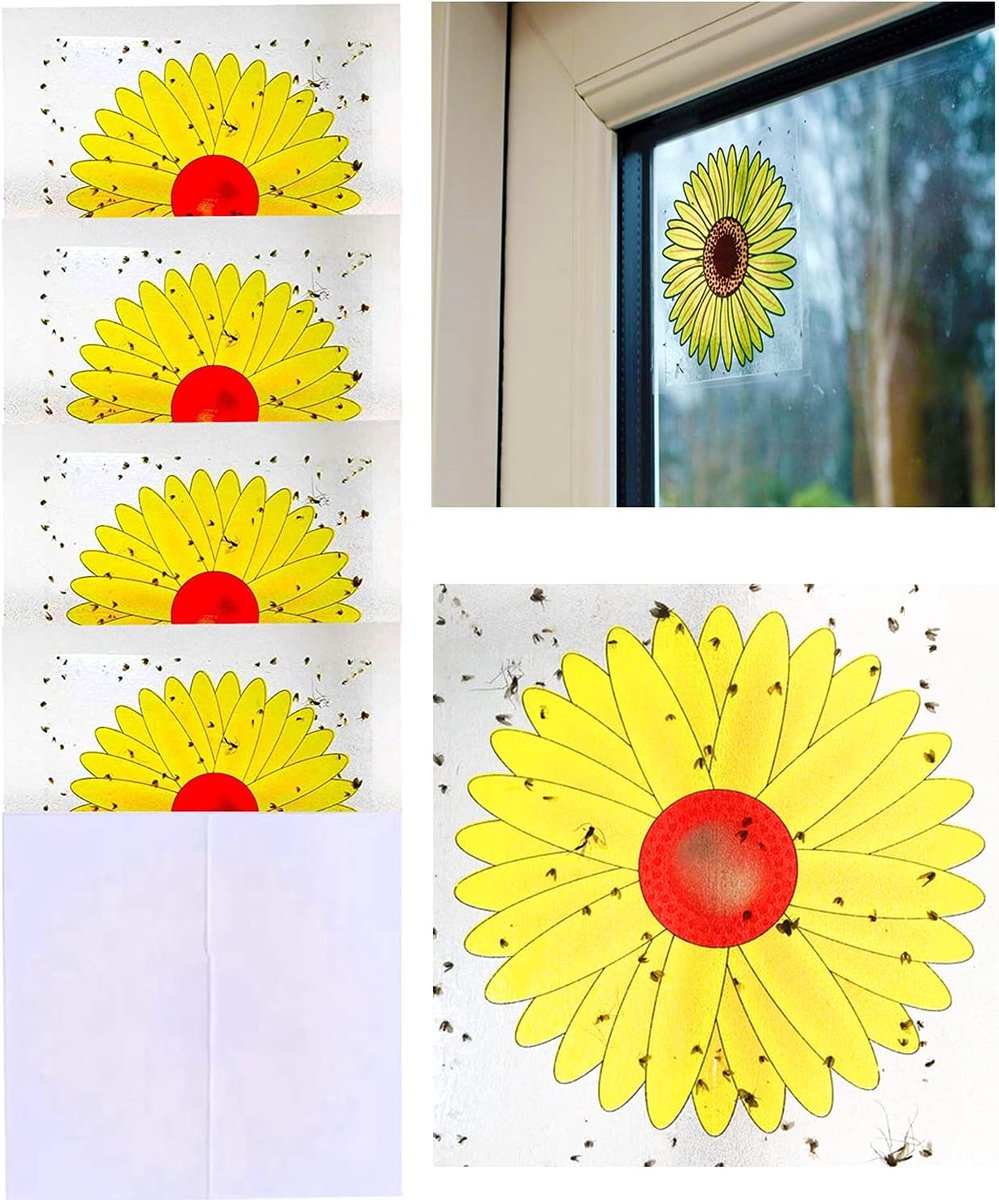 16 stuks vliegenvallen voor het raam, raamstickers tegen vliegen in zonnebloemdesign, val voor fruitvliegjes en insecten (wespen/vliegen) – 4 verpakkingen van elk 4 vallen