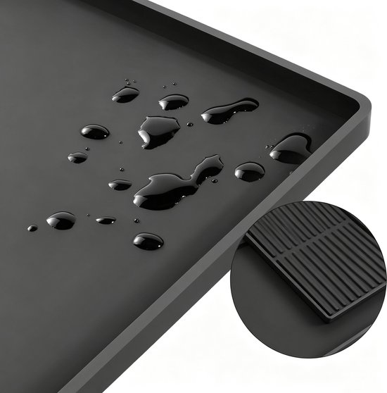Zwarte siliconenmat met waterdruppels en een ingezoomd detail van het geribbelde afdruipgedeelte.