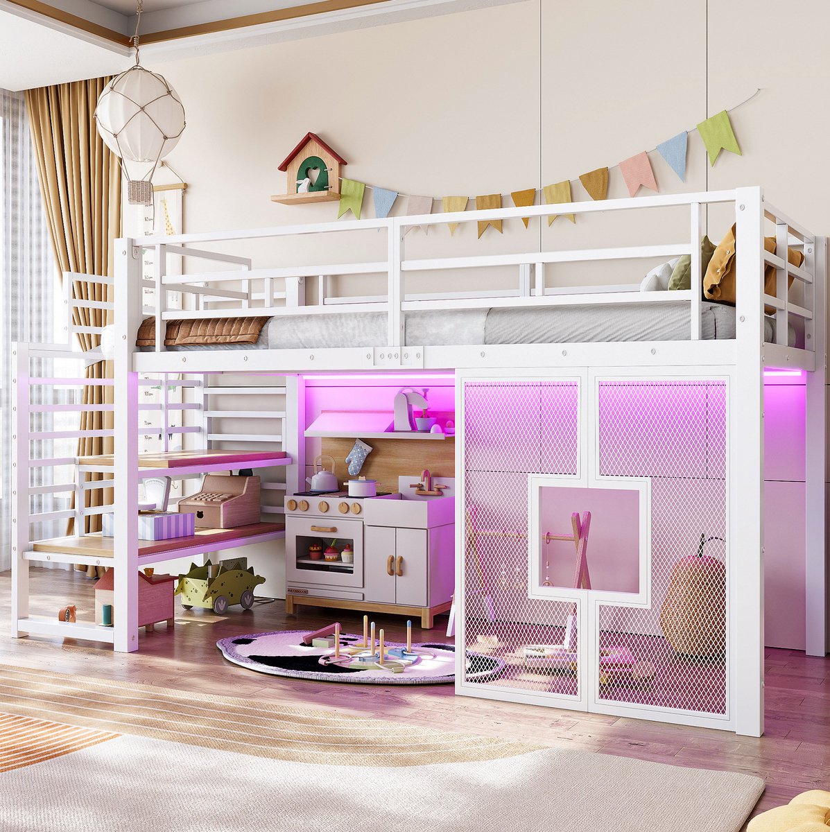 STILVORA Hoogslaper 90x200 cm – Met Trap, Opbergruimte En LED – Vensterdesign Voor Kinderkamer – Metaal En MDF – Wit – Zonder Matras