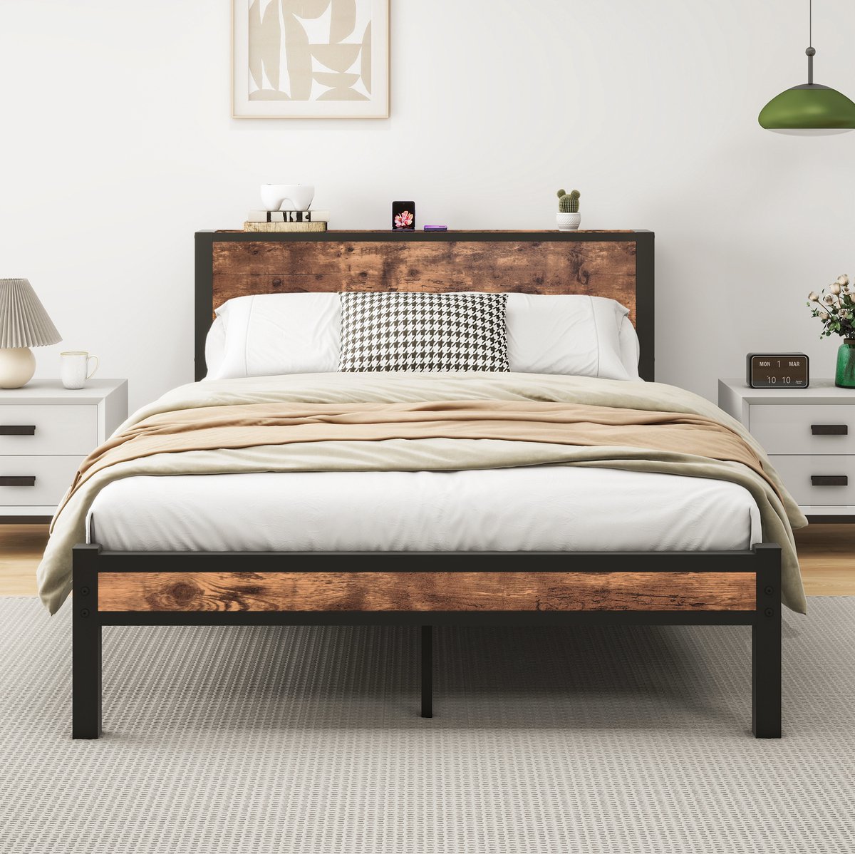 STILVORA Bed 140x200 cm – Metalen Platformbed Met MDF Hoofd- En Voetbord – 27 cm Opbergruimte – Voor Volwassenen – Zonder Matras – Antiekbruin