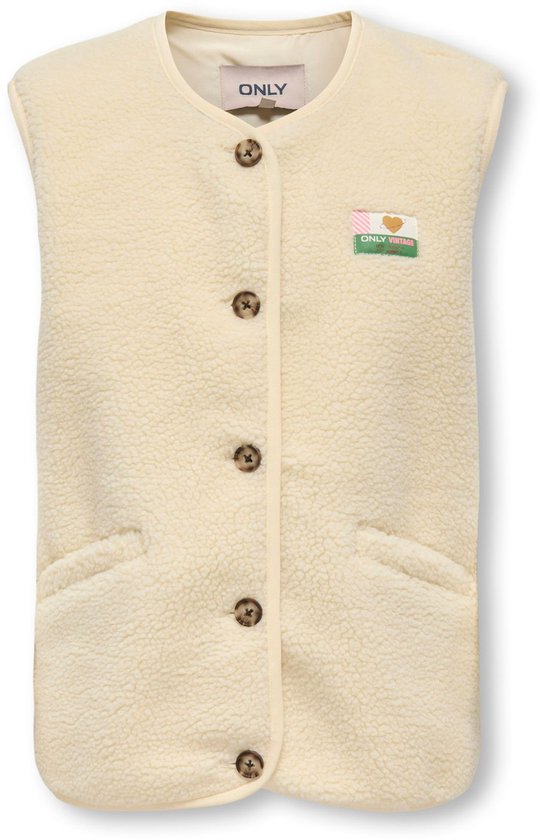 Crèmekleurig teddy gilet met knopen, twee zakken en een patch op de borst met het logo 'ONLY VINTAGE'.